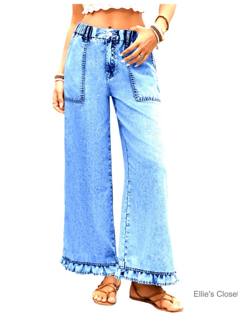 Wide Leg Jeans for Women Stretch High Waisted Baggy Trendy Ruffle Hem Tummy